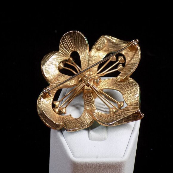 Vintage Weiss Brooch Floral Green Enamel Rhinestone Pearl Gold-tone - Picture 8 of 12